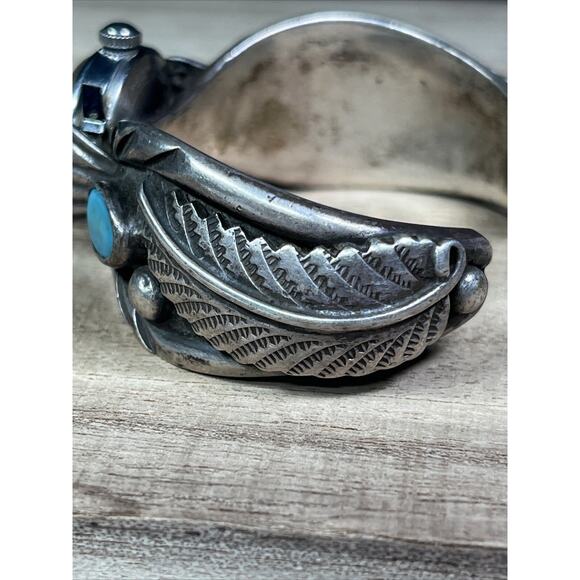 Vintage Native American Navajo Sterling Cuff Bracelet Oval Blue Turquoise Watch - Picture 7 of 14